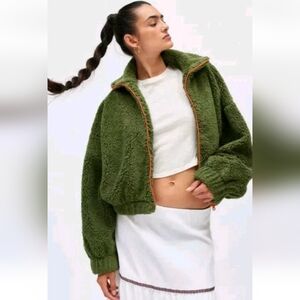 Kimchi Blue Snow Bunny Piled Fleece Zip-Up Jacket Dark Green Soft Comfy XSMALL